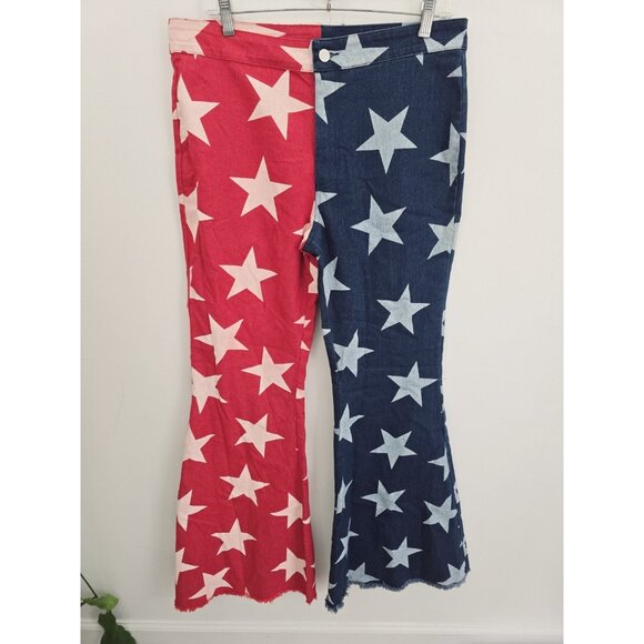 Bibi America Stars USA Bell Bottom Flared American Flag Red Blue Denim Jeans XL - Picture 1 of 9